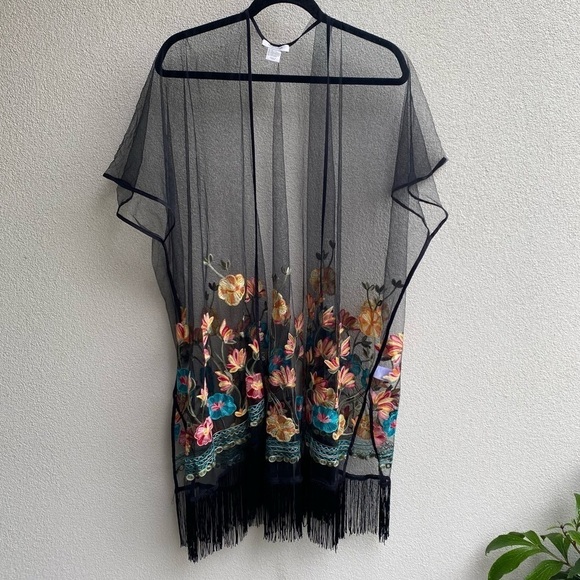 Haute Hippie Tops - Haute Hippie Black Mesh sheer Floral Embroidered Fringe Boho Festival Poncho